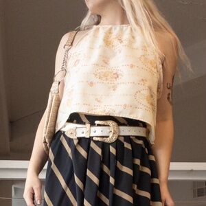 Peachy cream, floral, halter neck crop top handmade with 1970’s vintage fabric. 